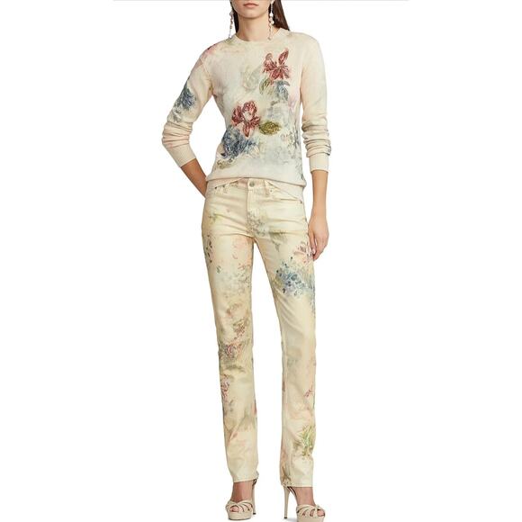 Ralph Lauren Purple Label 160 Slim Floral Denim Pant Womens 25 Yellow - Picture 2 of 14